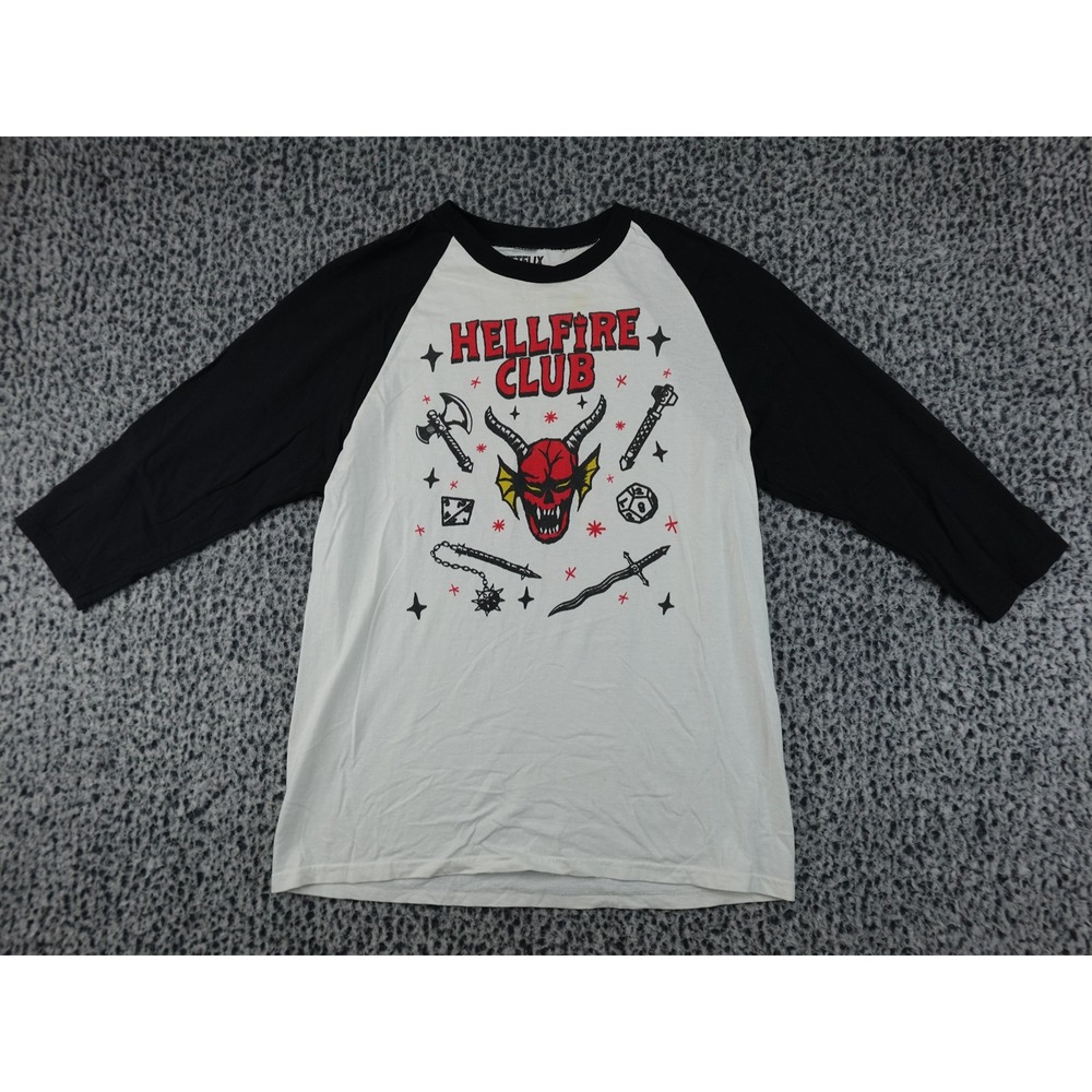 Netflix Stranger Things Hellfire Club Raglan Tee‎ Mens Medium White Good Graphic